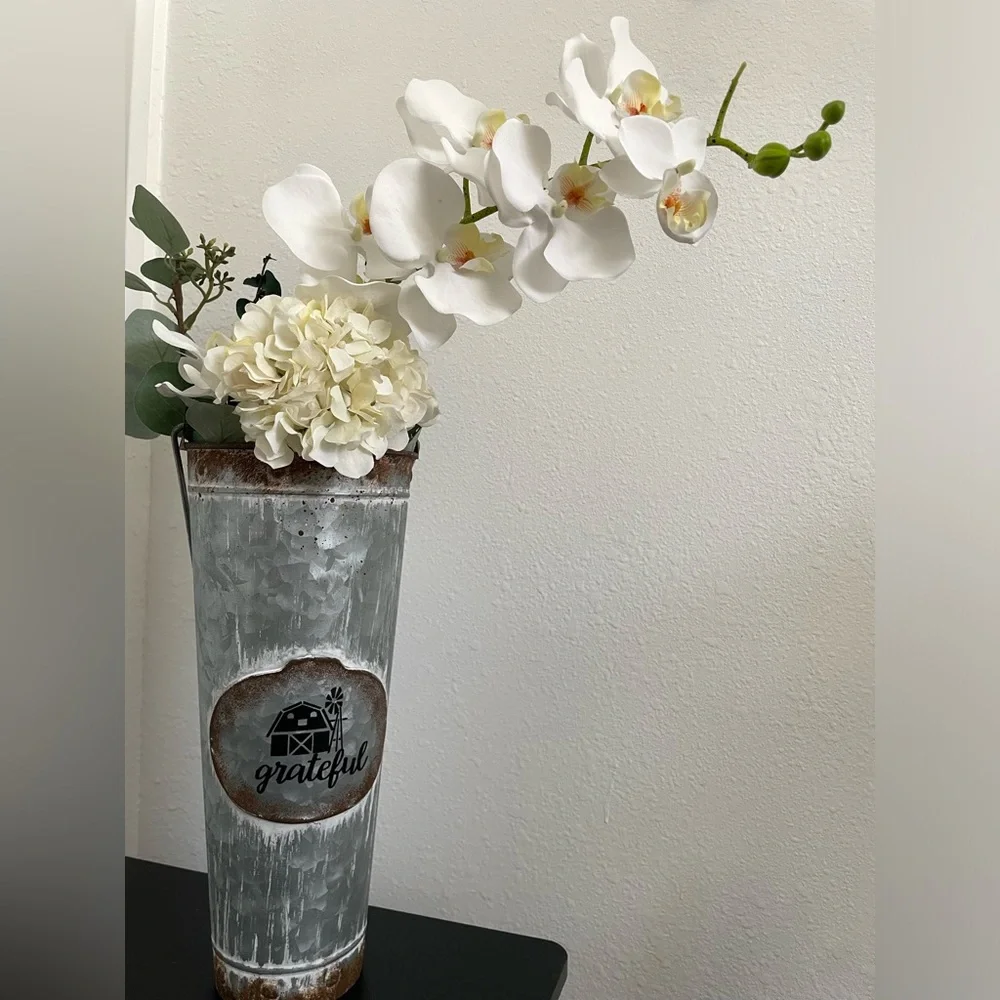 Faux Orchid Flower Arrangement With Rustic Vase 22” H.